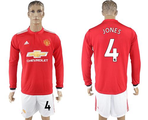 Manchester United #4 Jones Red Home Long Sleeves Soccer Club Jersey - Click Image to Close